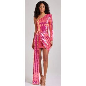 Nadine MERABI Celina Sequin Drape One-
Shoulder Minidress in Hotel Pink Sz S/ M